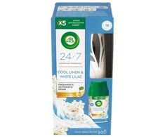 Oro gaiviklio Air Wick rinkinys Cool Linen &amp; Baltas Lilac 250ml su automatiniu baltu dozatoriumi