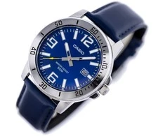 CASIO VYRŲ LAIKRODIS MTP-VD01L-2BV (zd169a) - sidabrinis, odinis dirželiai, mėlynas ciferblatas