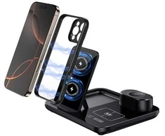 Greitasis 3-in-1 belaidis indukcinis įkrovikas laikrodžiui, telefonui ir ausinėms