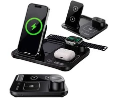 Greitasis 3-in-1 belaidis indukcinis įkrovikas laikrodžiui, telefonui ir ausinėms