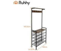 Ruhhy Metalinis Stovas Su Kabyklomis 189cm - 4 Lentynos Batams Ir Krepšiams, 5 Kablys