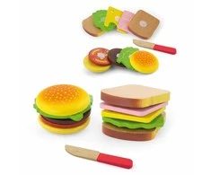 Viga Žaislas - Virtuvės įranga - Pjaustymo rinkinys su hamburgeriu ir sumuštiniu