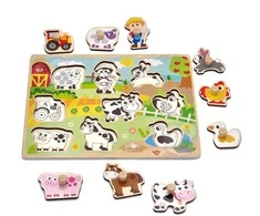 Woopie Žalias Medinės Puzzlės Montessori Ūkis su Tvirtinimo Detalėmis