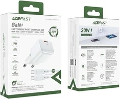 Acefast A73 Mini PD 20W GaN laidinis įkroviklis + USB-C kabelis – baltos spalvos