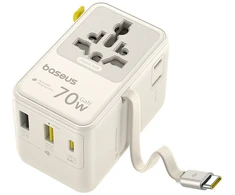 „Baseus EnerCore CG11 70W 6 viename“ kelioninis adapteris su ištraukiamu USB-C laidu – baltas