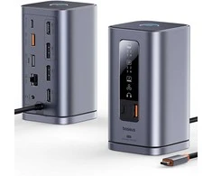Baseus Spacemate RD1 11w1 USB-C | 2xHDMI 4K@60Hz | 2xDP 4K@60Hz | 2xUSB-A 10Gb/s | USB-C 10Gb/s | RJ45 | USB-A 480Mb/s | USB-C PD | mini jack 3.5mm | kroviklis EU pilka