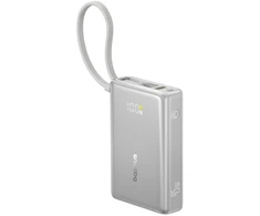 Baseus PicoGo 10 000 mAh 45 W išorinė baterija su skaitmeniniu ekranu ir integruotu USB-C laidu – titano spalvos
