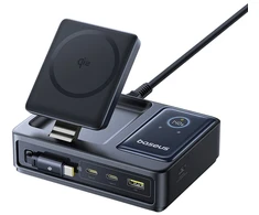 „Baseus NOMOS 140W Qi2 5in1“ belaidis ausinukas su ištraukiamu USB-C laidu ir skaitmeniniu ekranu – juoda