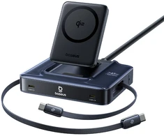 Stacja ładująca Baseus Nomos NH21 6w1 245W bezprzewodowa su dwoma zwijanymi kablami USB-C - juoda