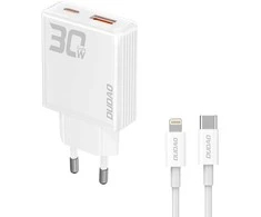 GaN Dudao A30EUL 30W USB-A / USB-C laidinis įkroviklis + USB-C – Lightning kabelis – baltos spalvos