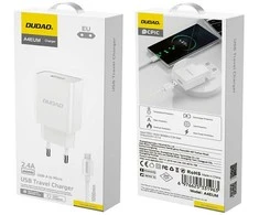 Dudao A4EU USB-A 2.1A laidinis įkroviklis – baltos spalvos + USB-A – micro USB kabelis