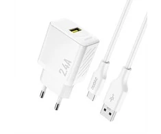 Dudao A23TEU 2.4A GaN USB-A sieninis įkroviklis su USB-A - USB-C laidu - Baltas