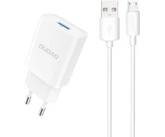 Dudao A4EU USB-A 2.1A laidinis įkroviklis – baltos spalvos + USB-A – micro USB kabelis