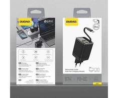 Dudao A67EU GaN 67W sieninis įkroviklis su integruotu ištraukiamu USB-C maitinimo laidu greitam įkrovimui - Juodas