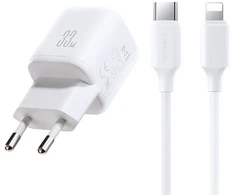 Joyroom JR-TG7 33W USB-A + USB-C sieninis įkroviklis su 30W USB-C - Lightning 1m laidu - baltas