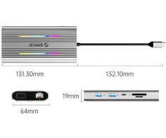 „Orico“ USB-C 12w1 RGB | 2xUSB-A | 1xUSB-C PD 100W | 2x HDMI 4K 60Hz | 1xVGA | 1xRJ45 Gigabit - pilka