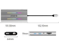 Orico USB-C 12w1 RGB | USB-A | USB-C PD 100W | 2x HDMI 4K 60 Hz | DisplayPort 4K 60 Hz | RJ45 Gigabit - sidabrinė