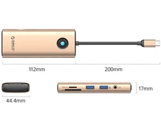 Orico USB-C 8w1 | 2x USB-A 3.0 | 1x USB-C PD 100W | 1x HDMI 4K 60Hz | 1x Micro SD/SD | 1x RJ45 Gigabit Ethernet | 1x Audio 3,5 mm - rožinė-auksinė