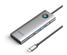 „Orico“ USB-C 9w1 | 2x USB-A 3.0 | 1x USB-C 3.0 | 1x USB-C PD 100W | 1x HDMI 4K 60Hz | 1x „Micro SD/SD“ | 1x RJ45 2.5G Ethernet | 1x Audio 3,5 mm - pilka