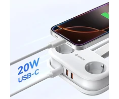 „Orico AP3 20W GaN 5in1“ maitinimo blokas, 2x AC + 2x USB-A + 1x USB-C - balta
