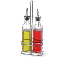Rinkinys nerūdijančio plieno buteliai su krepšeliu alyvuogių aliejui ir vyno actui 2 x 237ml - Hendi 460245