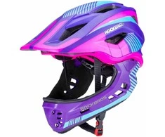 Rockbros TT-32SBPP-M children's bicycle helmet with removable chinbar, dydis M – violetinė-pink