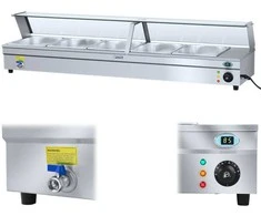 Royal Catering Bain-marie vandens šildytuvas su čiaupu ir stikliniu dangteliu 2200W 30L + 5x GN1/2 talpa
