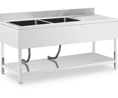 Royal Catering Dviejų dubenių baseino kriauklė su kanalizacija, lentyna ir apvadu 180 x 70 x 97 cm