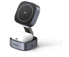 Ugreen W702 3in1 inductive charger with MagSafe / Qi2 and USB-C port for phone / headphones – juodos spalvos