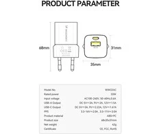 Wozinsky WWCEAC GaN USB-A USB-C 33W laidinis įkroviklis – baltos spalvos