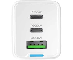 Wozinsky GaN 65W Charger su 2xUSB-C USB Ports su 65W CC kabelis – baltos spalvos