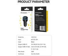 Įkroviklis automobilinis Wozinsky (WDCCAC) (1xUSB 1xUSB-C 3A) 36W juodas