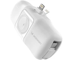 Wozinsky WF16-YLS 5000mAh 15W „Lightning“ mini išorinė baterija su įmontuotu USB-C kabeliu ir „Apple Watch“ įkrovikliu – baltos spalvos