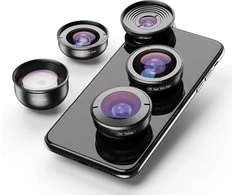 Mobiliojo telefono priedas - Apexel APL-HB5 5-in-1 objektyvo rinkinys 2x teleobjektyvas, 110° plataus kampo, 170° super plataus kampo, 195° žuvies akies, 10x makro