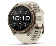 „Garmin fenix 9 Pro“ išmanusis laikrodis, 43 mm, titano, rudens aukso spalvos su kreminės spalvos / prancūziško pilko silikono dirželiu