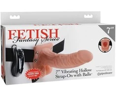 Pipedream FETISH FANTASY SERIES 7 INCH VIBRATING HOLLOW STRAP-ON SU BOLAIS, ŠVIEČIANTIS