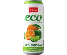 Ekologiškas apelsinų ir žaliųjų citrinų skonio gazuotas gaivusis gėrimas su sultimis, 0.33 L