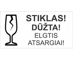 Informacinis lipdukas siunčiamų prekių pakuotės ženklinimui STIKLAS! DŪŽTA!, 100x51mm, 100 vnt.