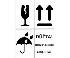 Informacinis lipdukas siunčiamų prekių pakuotės ženklinimui DŪŽTA, SAUGOTI NUO DRĖGMĖS, NEVARTYTI, 100x150mm, 50 vnt.