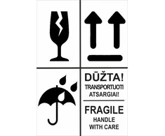 Informacinis lipdukas siunčiamų prekių pakuotės ženklinimui DŪŽTA/FRAGILE, SAUGOTI NUO DRĖGMĖS, NEVARTYTI, 100x150mm, 50 vnt.