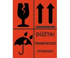 Informacinis lipdukas siunčiamų prekių pakuotės ženklinimui DŪŽTA, SAUGOTI NUO DRĖGMĖS, NEVARTYTI, 75x100mm, 50 vnt., raudonos sp.