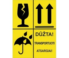 Informacinis lipdukas siunčiamų prekių pakuotės ženklinimui DŪŽTA, SAUGOTI NUO DRĖGMĖS, NEVARTYTI, 75x100mm, 50 vnt., geltonos sp.
