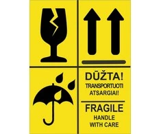 Informacinis lipdukas siunčiamų prekių pakuotės ženklinimui DŪŽTA/FRAGILE, SAUGOTI NUO DRĖGMĖS, NEVARTYTI, 75x100mm, 50 vnt., geltonos sp.