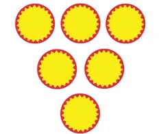 Lipnios etiketės akcijoms, 34x34mm, apvalios, raudonos/geltonos sp.
