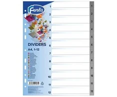 Skiriamieji lapai FOROFIS, A4, plastikiniai, 1-12, 130mkr, pilkos sp.