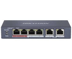 6 prievadų, 4 PoE prievadų komutatorius Hikvision DS-3E0106P-E/M