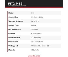 Optinė belaidė pelė FIT2 M12, 2,4 GHz, 1200 DPI, juoda/sidabrinė