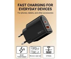 Greitojo įkrovimo įkroviklis FIT2 K22 30W su USB-C PD ir USB-A QC, juodas
