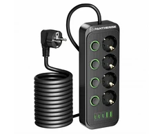 Ilgintuvas Pantherise, 4 lizdai, 2x USB-A, 3x USB-C, atskiri jungikliai, 5 m