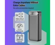 Greitojo įkrovimo išorinė baterija FIT2 K52-6 20000mAh 22.5W su įmontuotais kabeliais, juoda